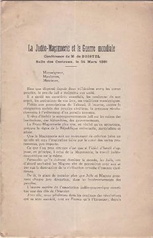 La J-Maçonnerie et la Guerre Mondiale, Conférence de M. de BOISTEL, mars 1931