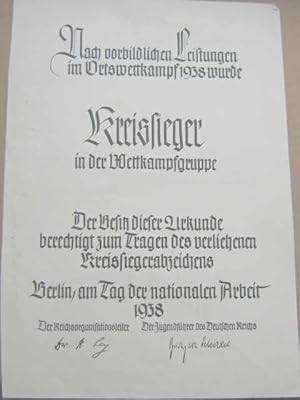 Urkunde ( blank ) zum Ortswettkampf 1938 für den Kreissieger 1. Mai 1938 mit eingedruckten Unters...
