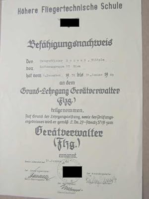 Befähigungsnachweis nach dem Grundlehrgang Geräteverwalter zum Geräteverwalter Flgz vom 31.1.1940