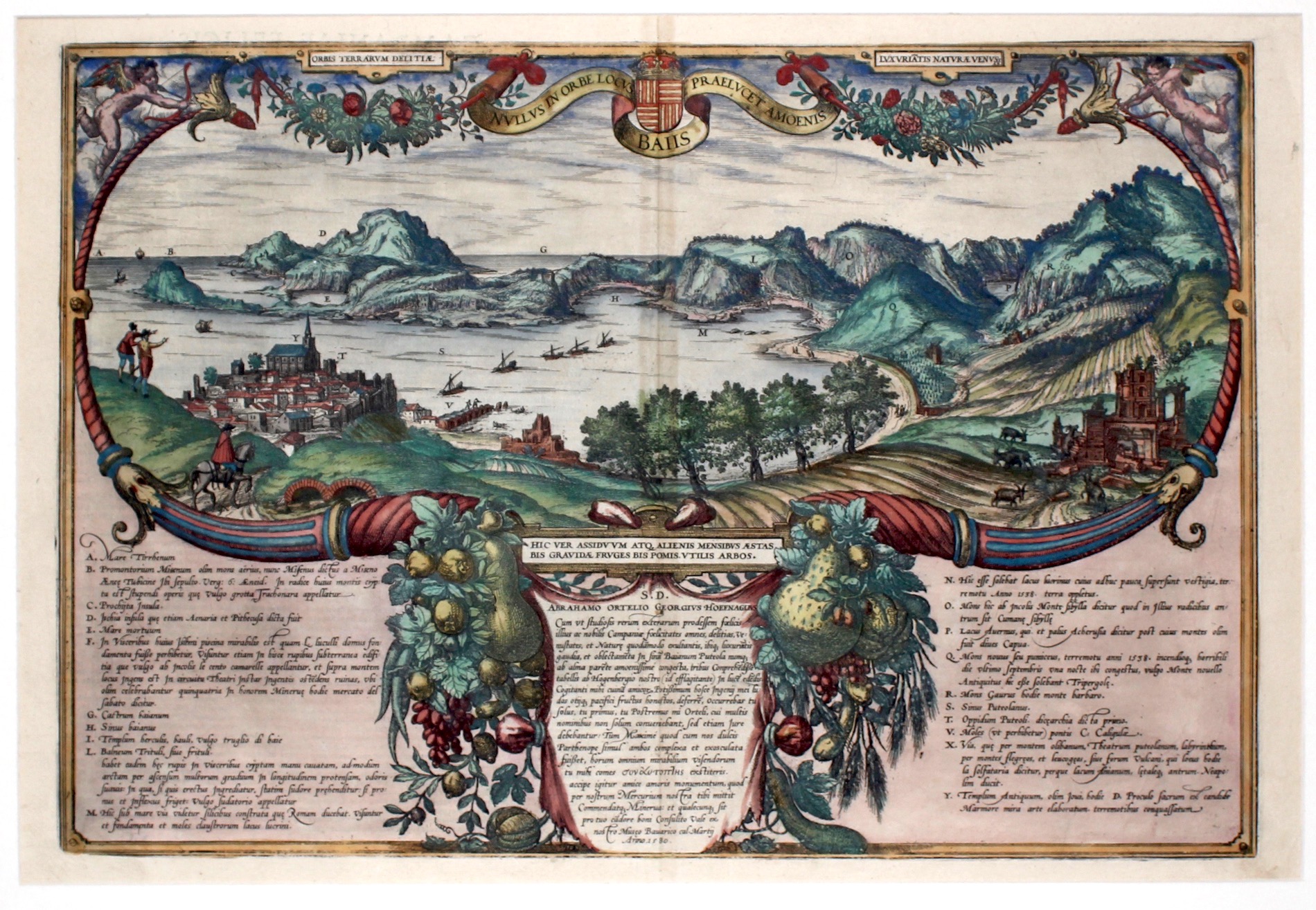 Colonia 1580 Incisione in rame colorata 336x490 Fascinosa veduta che raffigura Pozzuoli ed il golfo di Baia con Ischia sullo