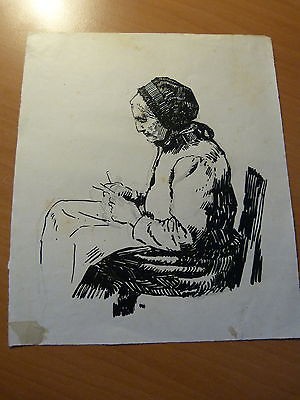 Alsace-Femme et tricot-Dessin encre de Chine-Atelier Auguste Dubois-Gresswiller