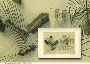 INDIGENOUS WEAPONS: Original 19th Century Tinted Lithograph Print.