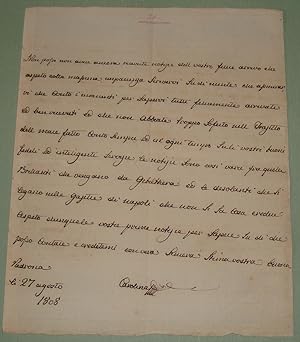 Lettera autografa firmata datata 27 Agosto 1808