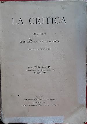 La critica. Rivista di letteratura, storia e filosofia. Anno XXXV fasc.IV 20 luglio 1937