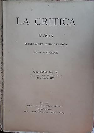 La critica. Rivista di letteratura, storia e filosofia. Anno XXXVI fasc. V. 20 settembre 1938