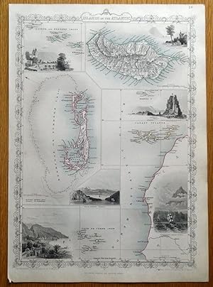 ATLANTIC ISLANDS, BERMUDA, MADEIRA, CANARIES, RAPKIN & TALLIS antique map c1850