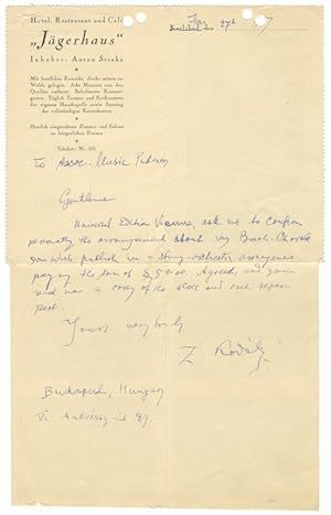 Autograph letter signed "Z. Kodály" to Associated Music Publishers in New York