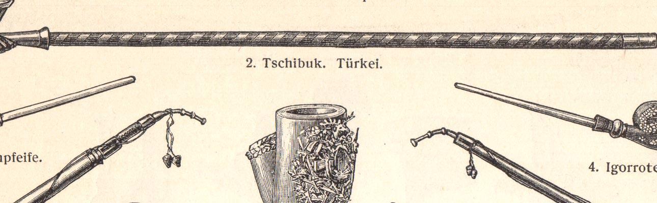 Alter historischer Druck Rauchgeräte I II Holzstich 1907