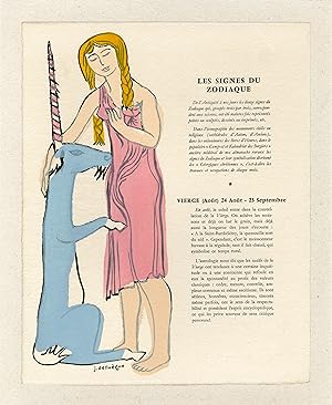 "JEUNE FILLE VIERGE et LICORNE" Aquarelle originale de Jean DELLUEGUE entoilée