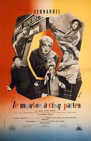 "LE MOUTON A CINQ PATTES" Affichette originale entoilée (Henri VERNEUIL / FERNANDEL) 1954