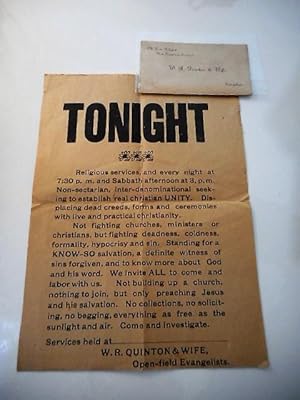 TONIGHT, Religious Services.[W. R. Quinton & Wife] [Evangelist Broadside and Name Card]