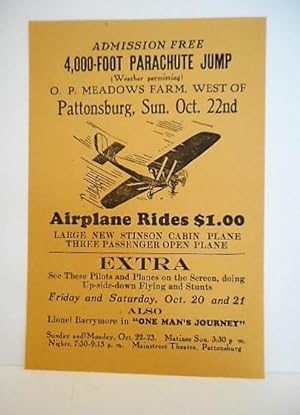[Aviation Broadside] [Missouri]4,000-Foot Parachute Jump, O.P. Meadows Farm, West of Pattonsburg,...