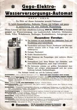 WASSERVERSORGUNG - Gego-Elektro-Wasserversorgungs-Automat. Werbeblatt (um 1920)