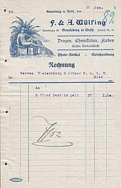 58285 Gevelsberg - F. & A. Wülfing. Drogen, Chemikalien, Farben. 1915