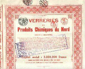 Belgien - CHEMIE - Verreries et Produits Chimiques du Nord SA. Vorzugsaktie (um 1919)