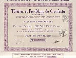 Belgien - BLECHWAREN - Toleries et Fer-Blanc de Cronfestu SA. Gründeranteil (um 1926)