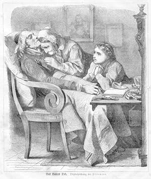 TOD - Des Vaters Tod. Trauernde Familie. Holzstich (1877)