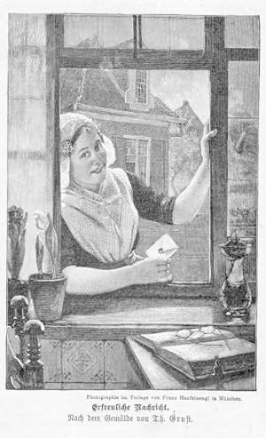 GENRE - Erfreuliche Nachricht. Junge Frau mit Brief an einem Fenster. Holzstich (1899)