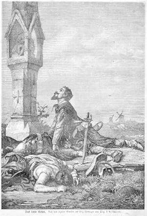 RELIGION - Das letzte Gebet. verwundeter Soldat. Holzstich (1877)