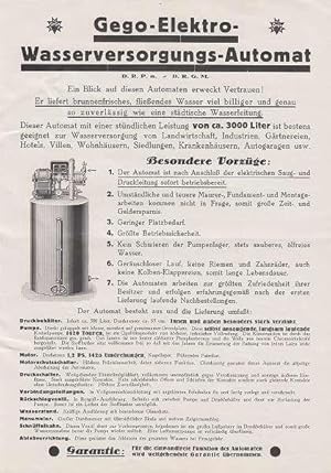 WASSERVERSORGUNG - Gego-Elektro-Wasserversorgungs-Automat. Werbeblatt (um 1915)