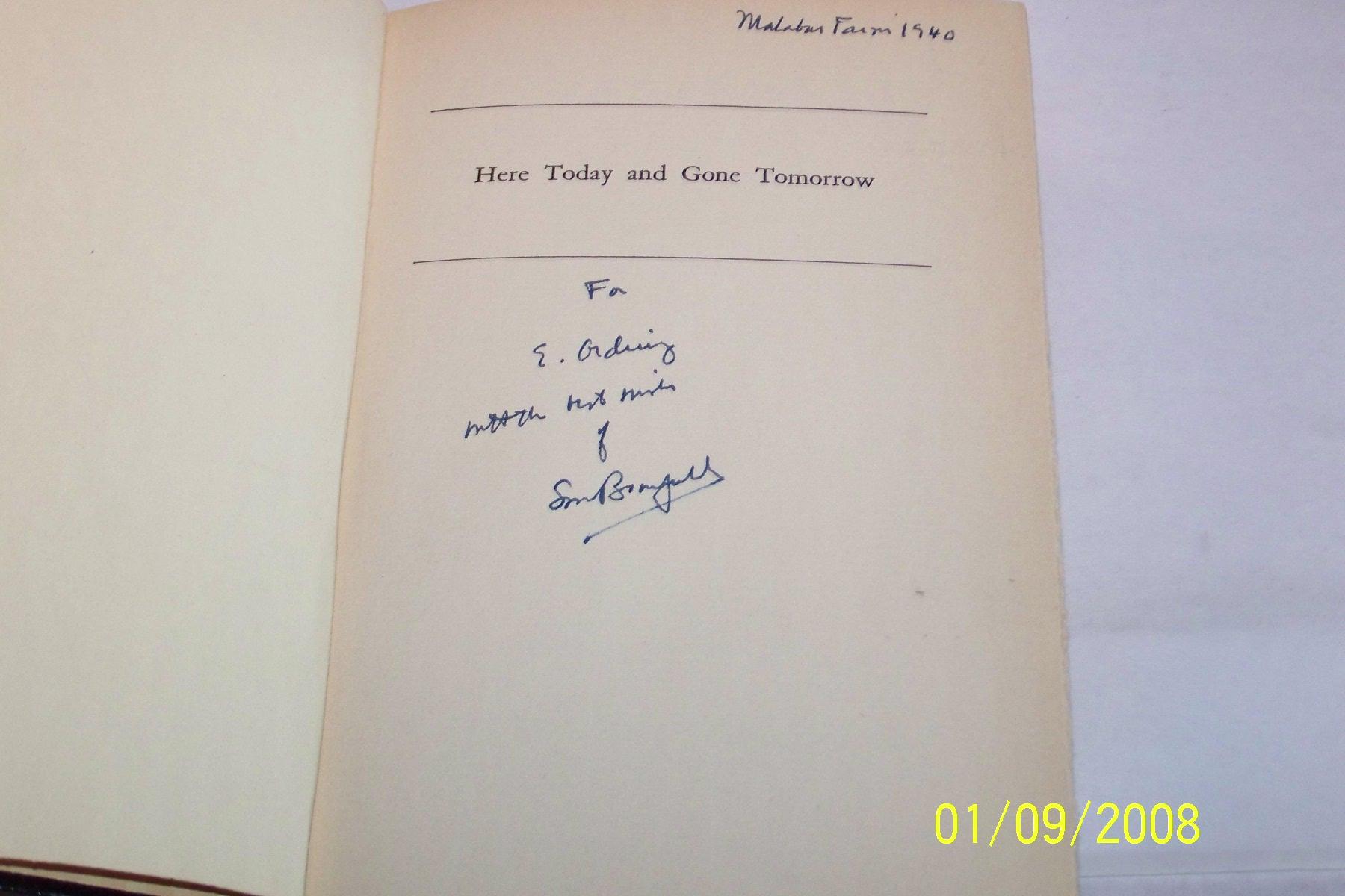 Here Today And Gone Tomorrow By Lewis Bromfield Very Good Plus Hardcover 1934 First Edition Signed By The Author Mclinhavenbooks Ioba