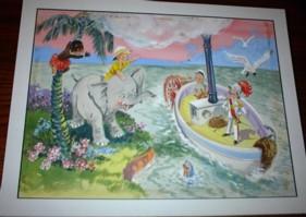 ORIGINAL CHILDREN'S BOOK ART "Paddle Wheeler, Elephant, and Four Young Boys in Jungle".