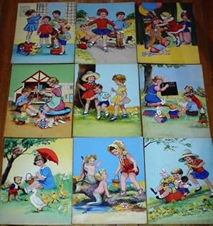 ORIGINAL CHILDREN'S BOOK ART, Set of 9 ORIGINAL PAINTINGS for "LITTLE ONES AT PLAY"