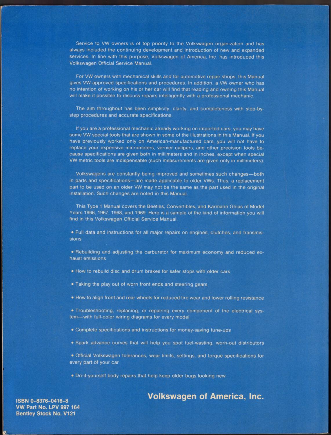 Volkswagen Beetle and Karmann Ghia Service Manual, Type 1: 1966, 1967, 1968