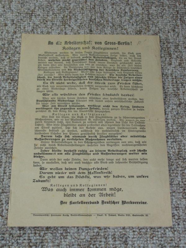 An die Arbeiterschaft von Gross-Berlin! Kollegen und Kolleginnen! Was auch immer kommen möge, bleibt an der Arbeit!,