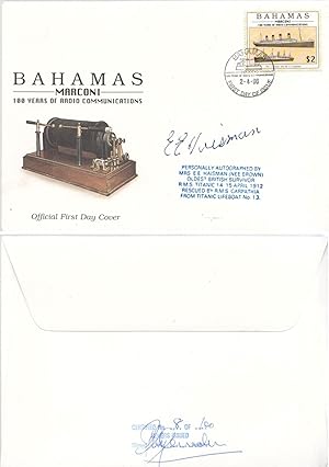 SIGNED BY TITANIC SURVIVOR: 1996 Marconi stamp Bahamas Official First Day Cover