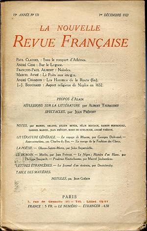COLLECTION LA NOUVELLE REVUE FRANCAISE N° 171.SOUS LE REMPART DATHENES PAR PAUL CLAUDEL/ SUR LE L...