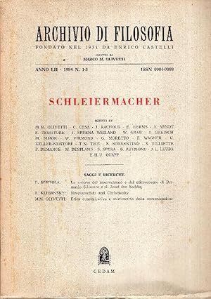 Schleiermacher. (Archivio di filosofia anno 52 n. 1-3) .