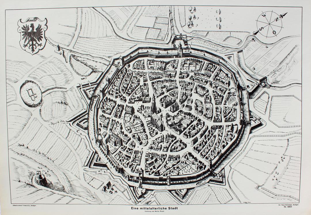 Eine mittelalterliche Stadt" originale Lithographie ca.57x85cm