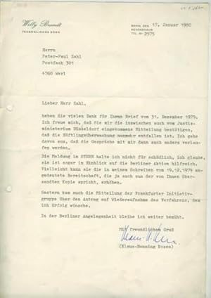 Brief von Willy Brandt vom 17. Januar 1980 an Peter Paul Zahl.
