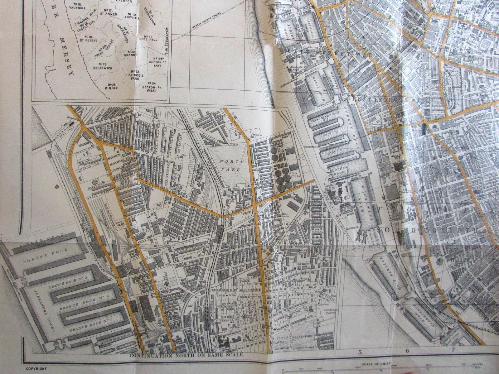 Liverpool England city plan c.1890-1910 large linen backed scarce old pocket map: (1890) Map ...