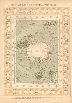 1901 LARGE VICTORIAN MAP-SOUTH POLAR REGIONS & UNIVERSAL TIME CHART