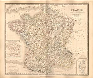 1844 LARGE ANTIQUE MAP- JOHNSTON - FRANCE WITH MILITARY CIRCLES, INSET CORSICA