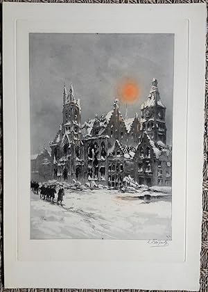 Soldats devant une cathédrale enneigée soleil couchant.