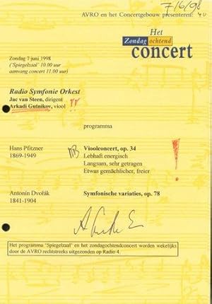 [Programm mit eigenh. Unterschrift] Het Zondagochten Concert. Zondag 7 juni 1998. Concertgebouw S...