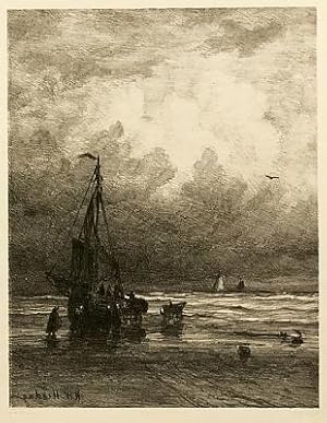 Lithografie met visserboot bij het strand. In: Kunstkronijk aflevering 21 en 22, 1875.