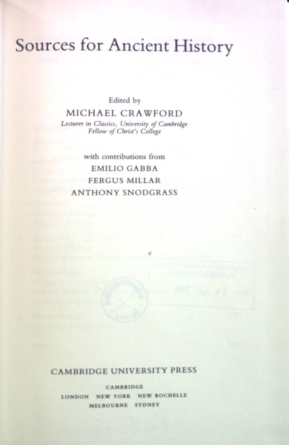 Sources for Ancient History: Sources of History. - Crawford, Michael