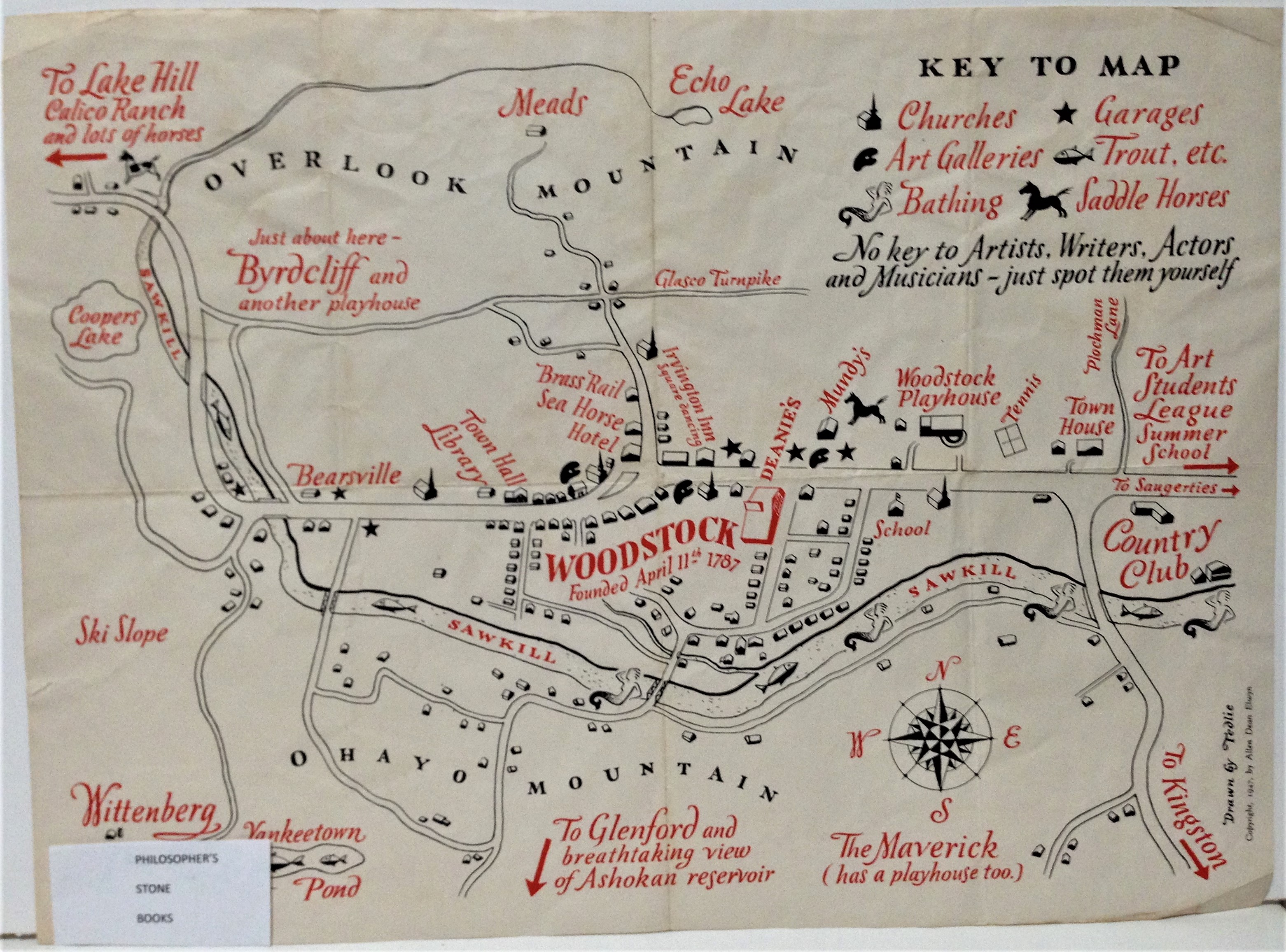 Sketch map of Woodstock New York circa 1940's Harry Tedlie Antique Maps 