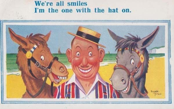 Beach Donkey Rides Saucy Hat Striped Suit Smiling Adult Comic Humour Postcard