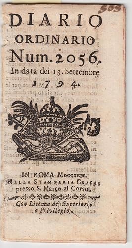 Diario Ordinario N.2056 Del 13 Settembre 1794 Roma Nella Stamperia Cracas