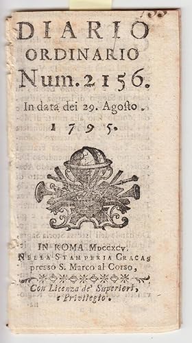 Diario Ordinario N.2156 Del 29 Agosto 1795 In Roma Nella Stamperia Cracas