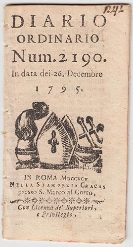 Diario Ordinario N.2190 Del 26 Decembre 1795 In Roma Nella Stamperia Cracas