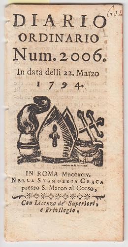Diario Ordinario N.2006 Del 22 Marzo 1794 In Roma Nella Stamperia Cracas