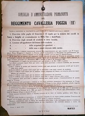 Bando-Reggimento Cavalleria Foggia 11°-Appalto Lettiera Per Cavalli-1886-L1956
