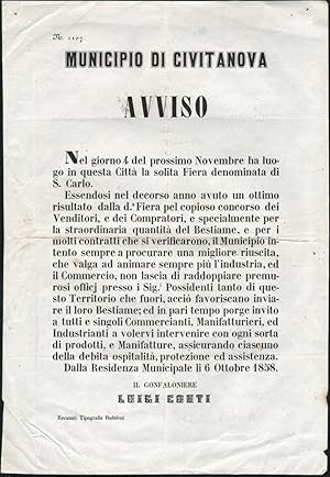 Civitanova-Invito Del Comune Per Promuovere La Fiera Annuale-Ottobre 1858-L1126