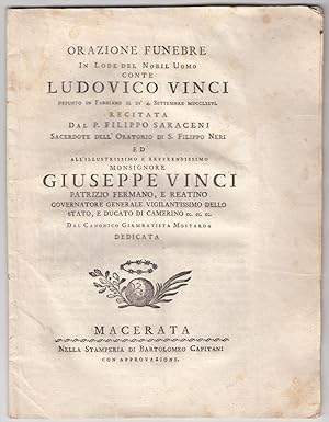 Orazione Funebre Dei Nobiluomini Ludovico E Giuseppe Vinci -Macerata 1776-L1632